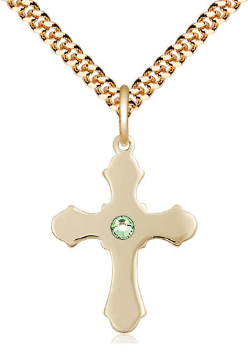 14kt Gold Filled Cross Pendant with a 3mm Peridot Swarovski stone on a 24 inch Gold Plate Heavy Curb chain