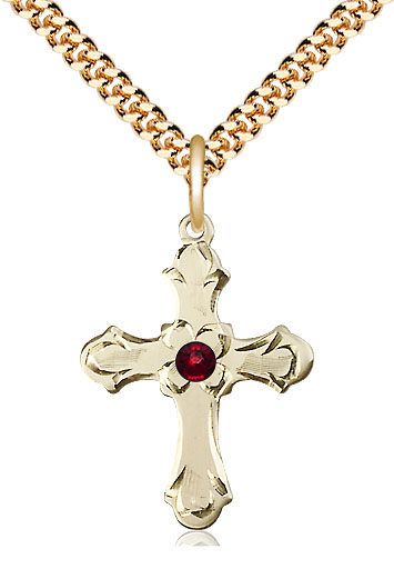 14kt Gold Filled Cross Pendant with a 3mm Garnet Swarovski stone on a 24 inch Gold Plate Heavy Curb chain