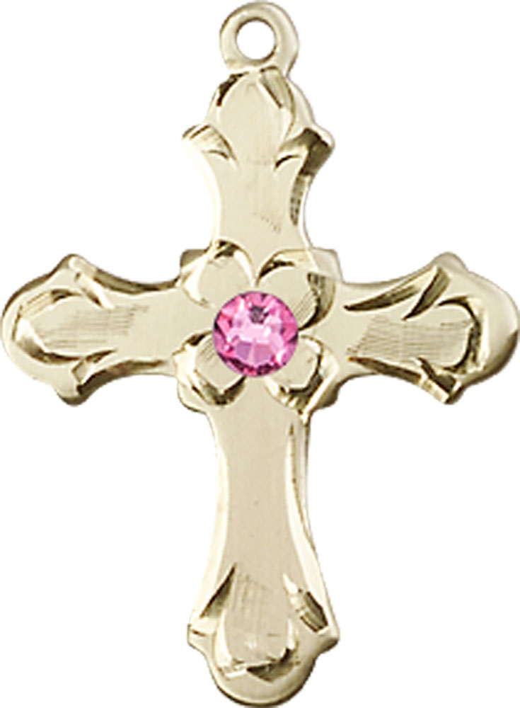 14kt Gold Filled Cross Medal with a 3mm Rose Swarovski stone