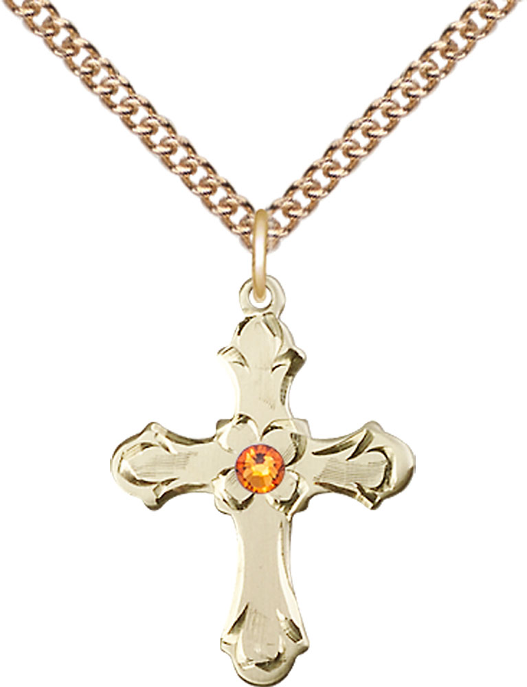 14kt Gold Filled Cross Pendant with a 3mm Topaz Swarovski stone on a 24 inch Gold Filled Heavy Curb chain