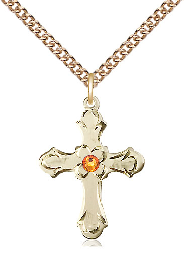 14kt Gold Filled Cross Pendant with a 3mm Topaz Swarovski stone on a 24 inch Gold Filled Heavy Curb chain