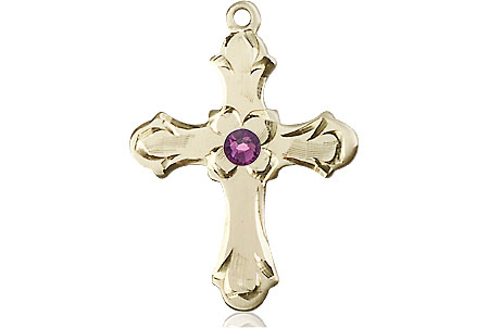 14kt Gold Filled Cross Medal with a 3mm Amethyst Swarovski stone