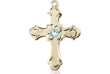 14kt Gold Filled Cross Medal with a 3mm Aqua Swarovski stone