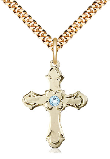 14kt Gold Filled Cross Pendant with a 3mm Aqua Swarovski stone on a 24 inch Gold Plate Heavy Curb chain