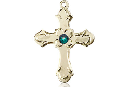 14kt Gold Filled Cross Medal with a 3mm Emerald Swarovski stone