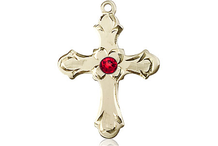 14kt Gold Filled Cross Medal with a 3mm Ruby Swarovski stone