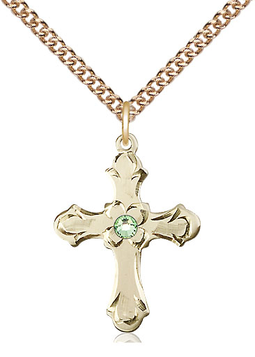 14kt Gold Filled Cross Pendant with a 3mm Peridot Swarovski stone on a 24 inch Gold Filled Heavy Curb chain