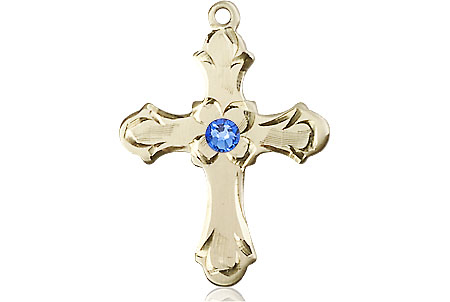 14kt Gold Filled Cross Medal with a 3mm Sapphire Swarovski stone