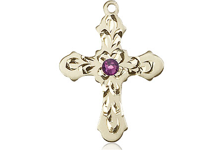 14kt Gold Filled Cross Medal with a 3mm Amethyst Swarovski stone