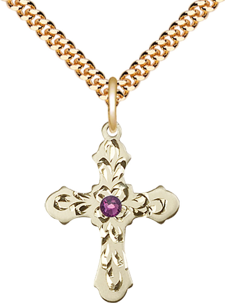 14kt Gold Filled Cross Pendant with a 3mm Amethyst Swarovski stone on a 24 inch Gold Plate Heavy Curb chain