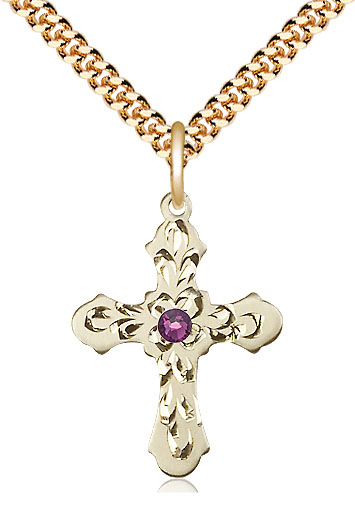 14kt Gold Filled Cross Pendant with a 3mm Amethyst Swarovski stone on a 24 inch Gold Plate Heavy Curb chain