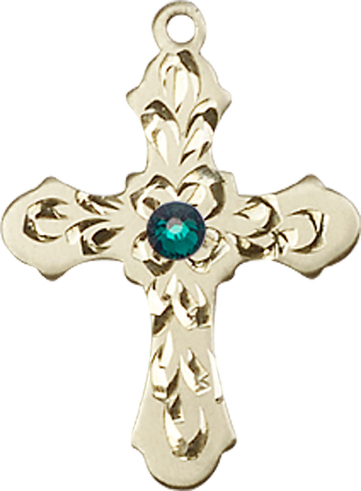 14kt Gold Filled Cross Medal with a 3mm Emerald Swarovski stone