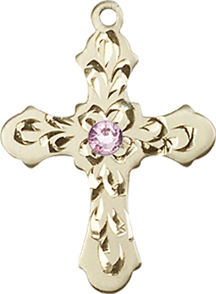 14kt Gold Filled Cross Medal with a 3mm Light Amethyst Swarovski stone