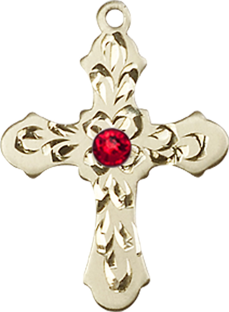 14kt Gold Filled Cross Medal with a 3mm Ruby Swarovski stone