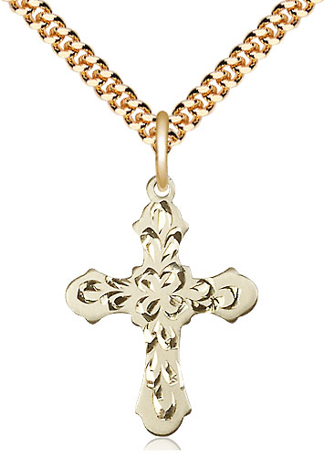 14kt Gold Filled Cross Pendant on a 24 inch Gold Plate Heavy Curb chain