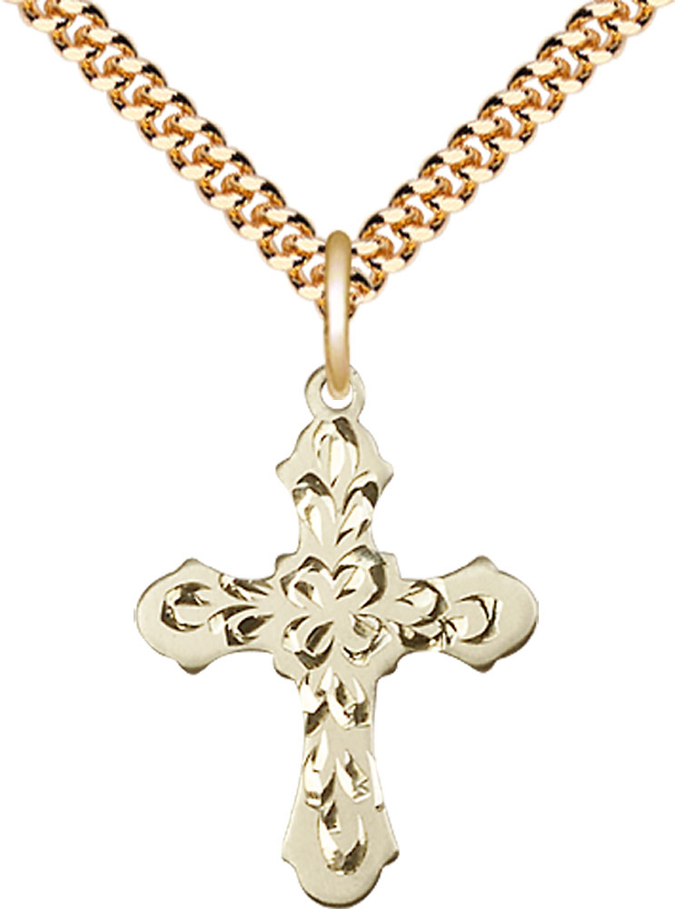 14kt Gold Filled Cross Pendant on a 24 inch Gold Plate Heavy Curb chain