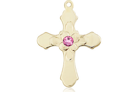 14kt Gold Filled Cross Medal with a 3mm Rose Swarovski stone