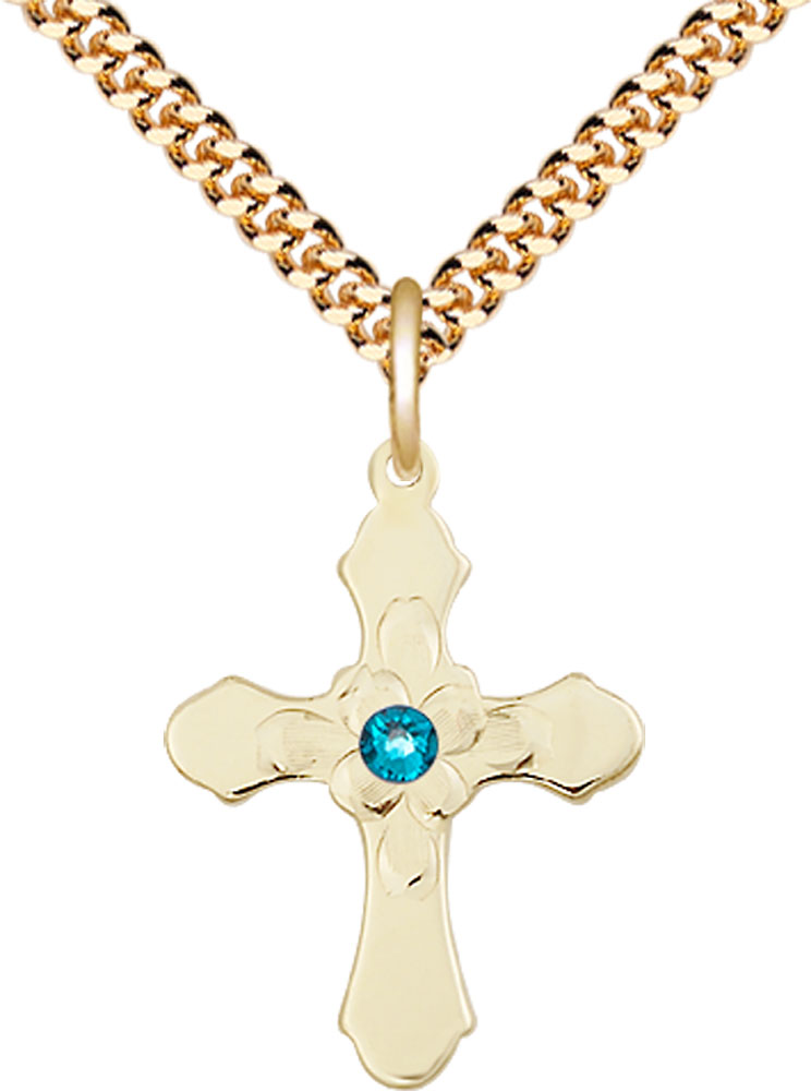 14kt Gold Filled Cross Pendant with a 3mm Zircon Swarovski stone on a 24 inch Gold Plate Heavy Curb chain