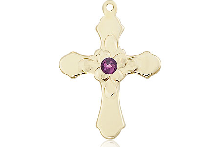 14kt Gold Filled Cross Medal with a 3mm Amethyst Swarovski stone