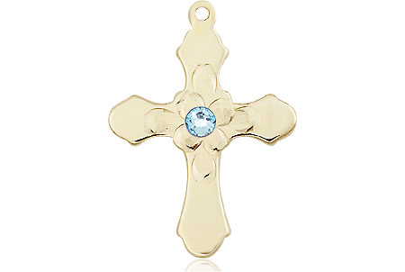 14kt Gold Filled Cross Medal with a 3mm Aqua Swarovski stone