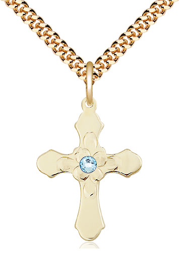 14kt Gold Filled Cross Pendant with a 3mm Aqua Swarovski stone on a 24 inch Gold Plate Heavy Curb chain