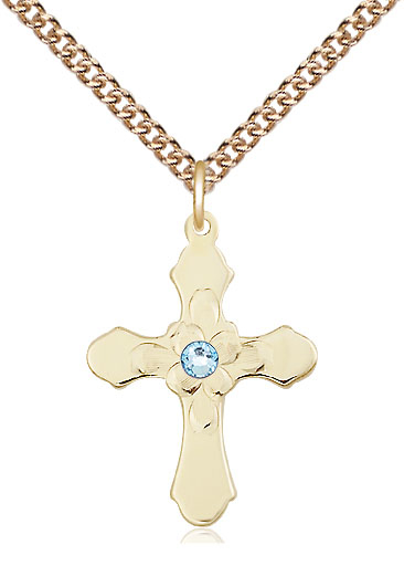 14kt Gold Filled Cross Pendant with a 3mm Aqua Swarovski stone on a 24 inch Gold Filled Heavy Curb chain