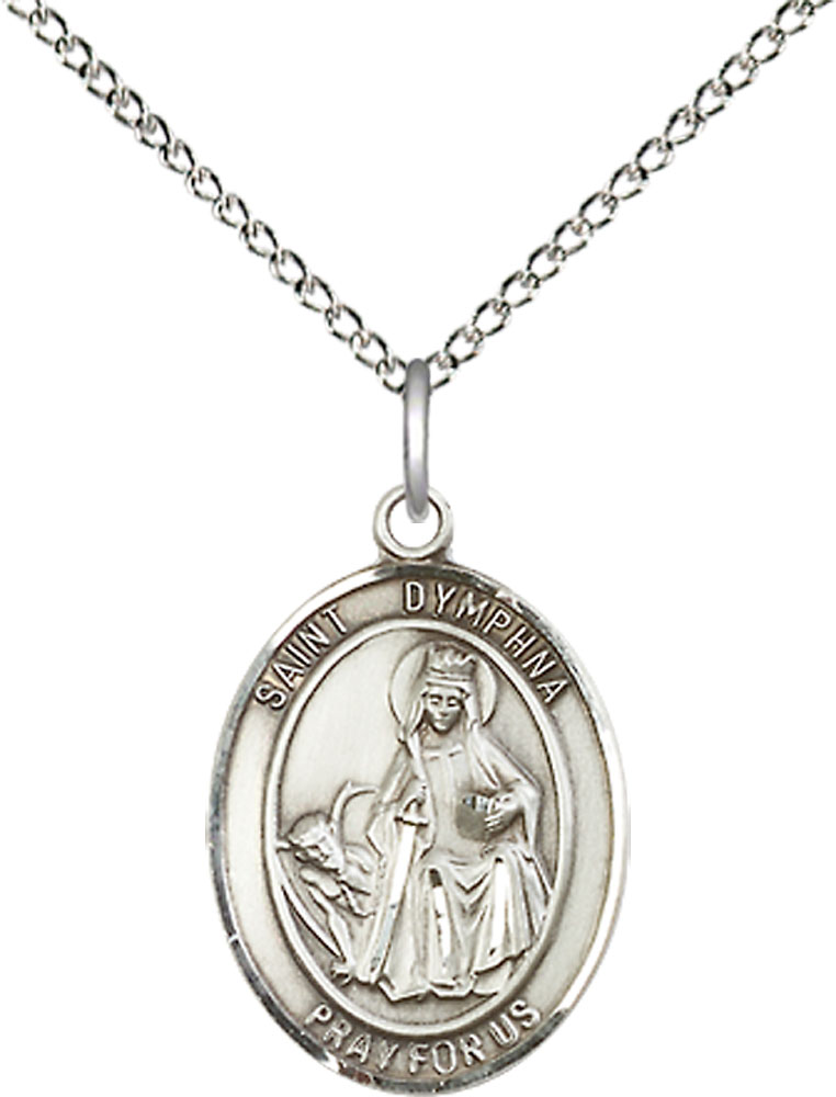 Sterling Silver Saint Dymphna Pendant on a 18 inch Sterling Silver Light Curb chain