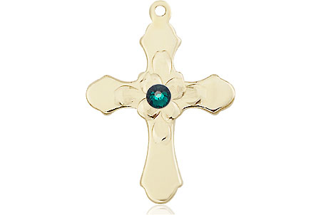 14kt Gold Filled Cross Medal with a 3mm Emerald Swarovski stone