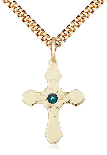 14kt Gold Filled Cross Pendant with a 3mm Emerald Swarovski stone on a 24 inch Gold Plate Heavy Curb chain