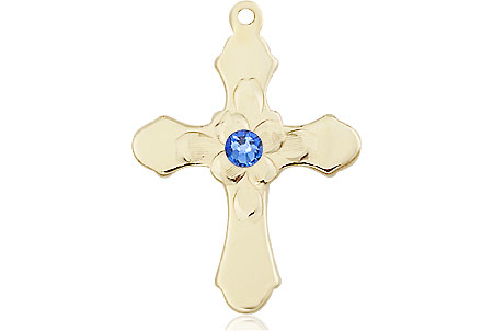 14kt Gold Filled Cross Medal with a 3mm Sapphire Swarovski stone