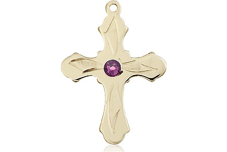 14kt Gold Filled Cross Medal with a 3mm Amethyst Swarovski stone