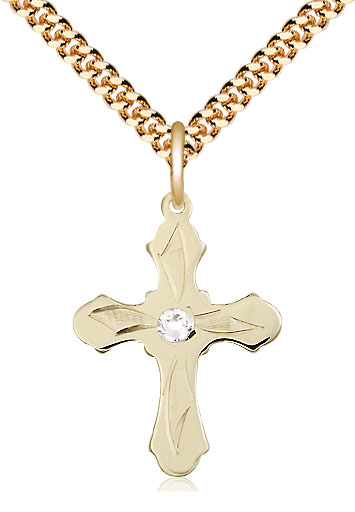 14kt Gold Filled Cross Pendant with a 3mm Crystal Swarovski stone on a 24 inch Gold Plate Heavy Curb chain
