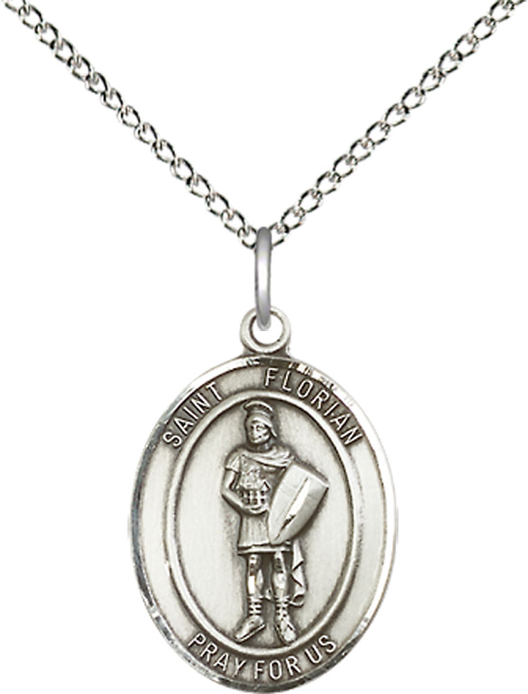 Sterling Silver Saint Florian Pendant on a 18 inch Sterling Silver Light Curb chain