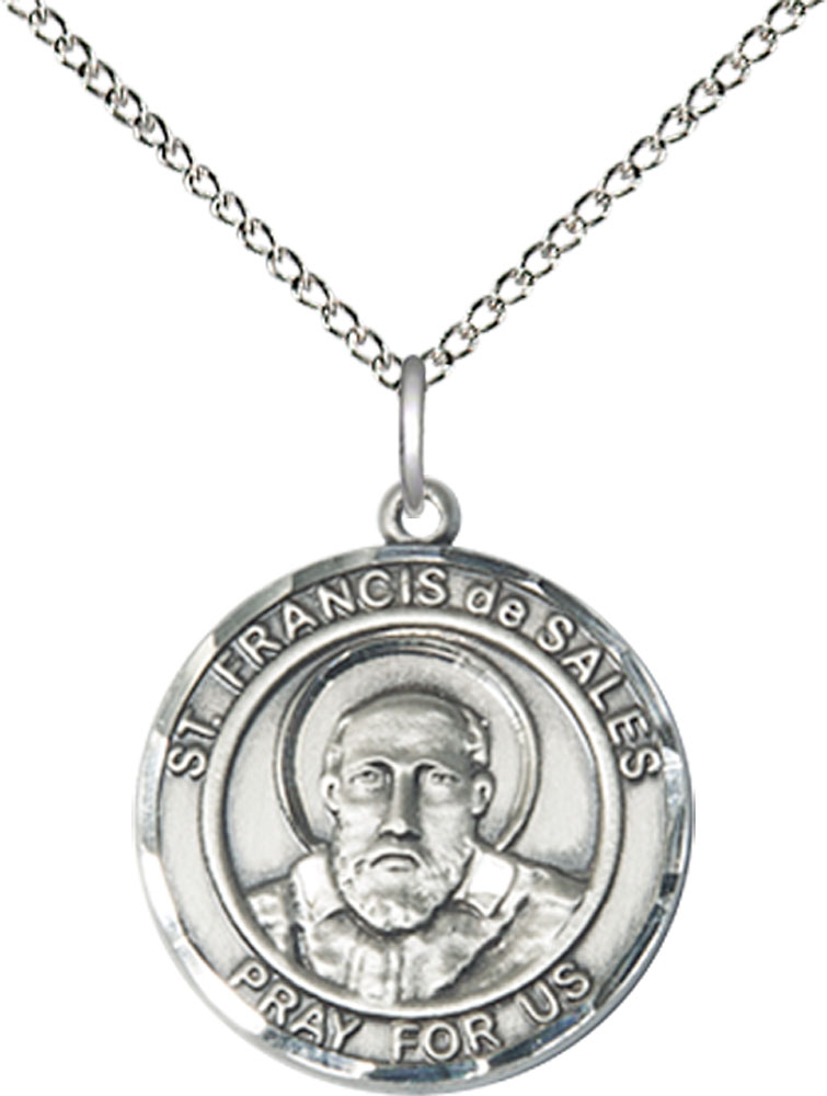 Sterling Silver Saint Francis de Sales Pendant on a 18 inch Sterling Silver Light Curb chain