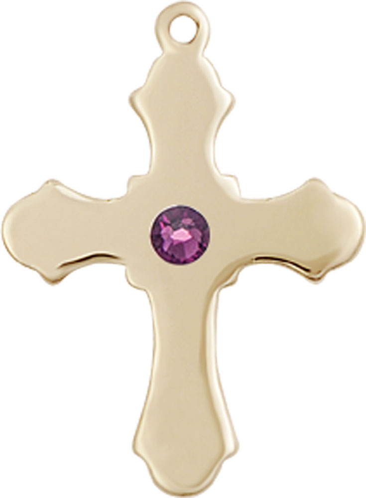 14kt Gold Cross Medal with a 3mm Amethyst Swarovski stone