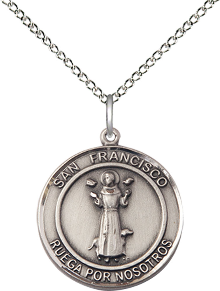 Sterling Silver San Francis of Assisi Pendant on a 18 inch Sterling Silver Light Curb chain