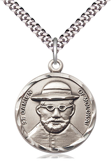 Sterling Silver Saint Damien of Molokai Pendant on a 24 inch Light Rhodium Heavy Curb chain