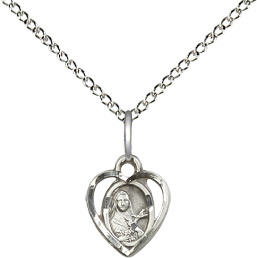 Sterling Silver Saint Theresa Pendant on a 18 inch Sterling Silver Light Curb chain
