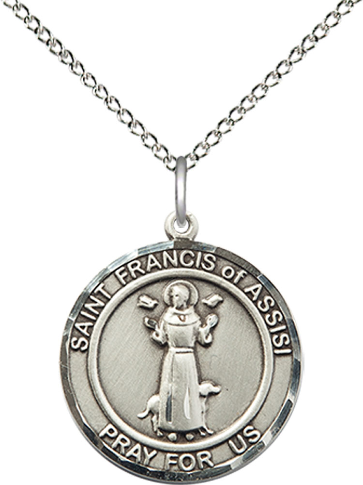 Sterling Silver Saint Francis of Assisi Pendant on a 18 inch Sterling Silver Light Curb chain