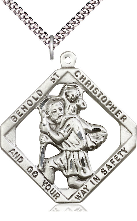 Sterling Silver Saint Christopher Pendant on a 24 inch Light Rhodium Heavy Curb chain