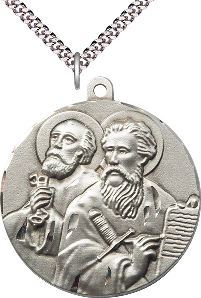 Sterling Silver Saint Peter St Paul Pendant on a 24 inch Light Rhodium Heavy Curb chain