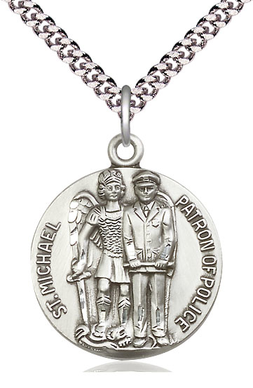 Sterling Silver Saint Michael the Archangel Pendant on a 24 inch Light Rhodium Heavy Curb chain