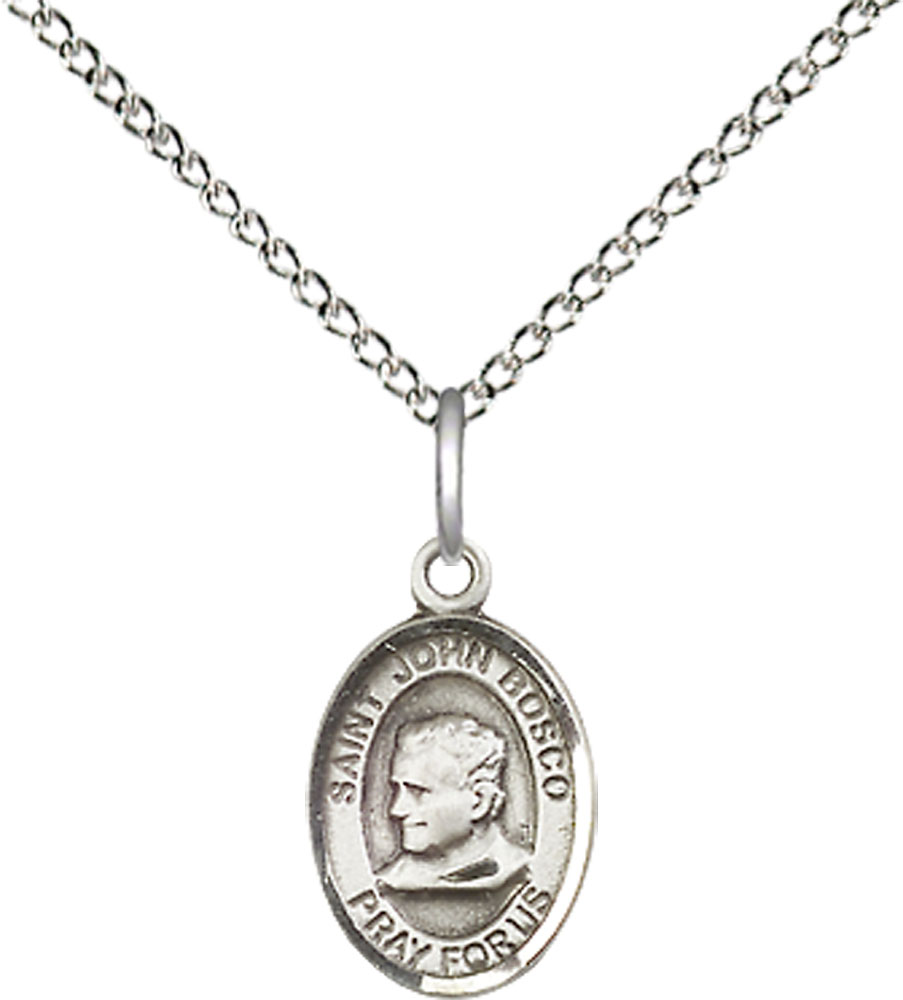 Sterling Silver Saint John Bosco Pendant on a 18 inch Sterling Silver Light Curb chain