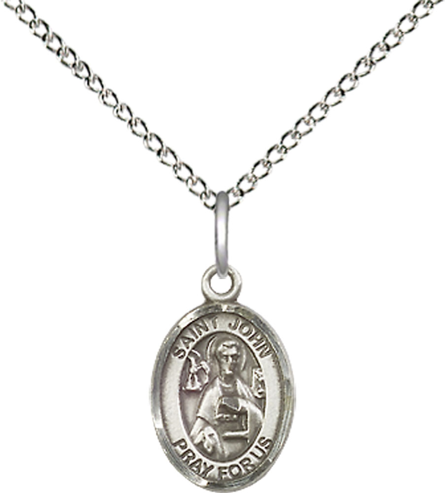 Sterling Silver Saint John the Apostle Pendant on a 18 inch Sterling Silver Light Curb chain