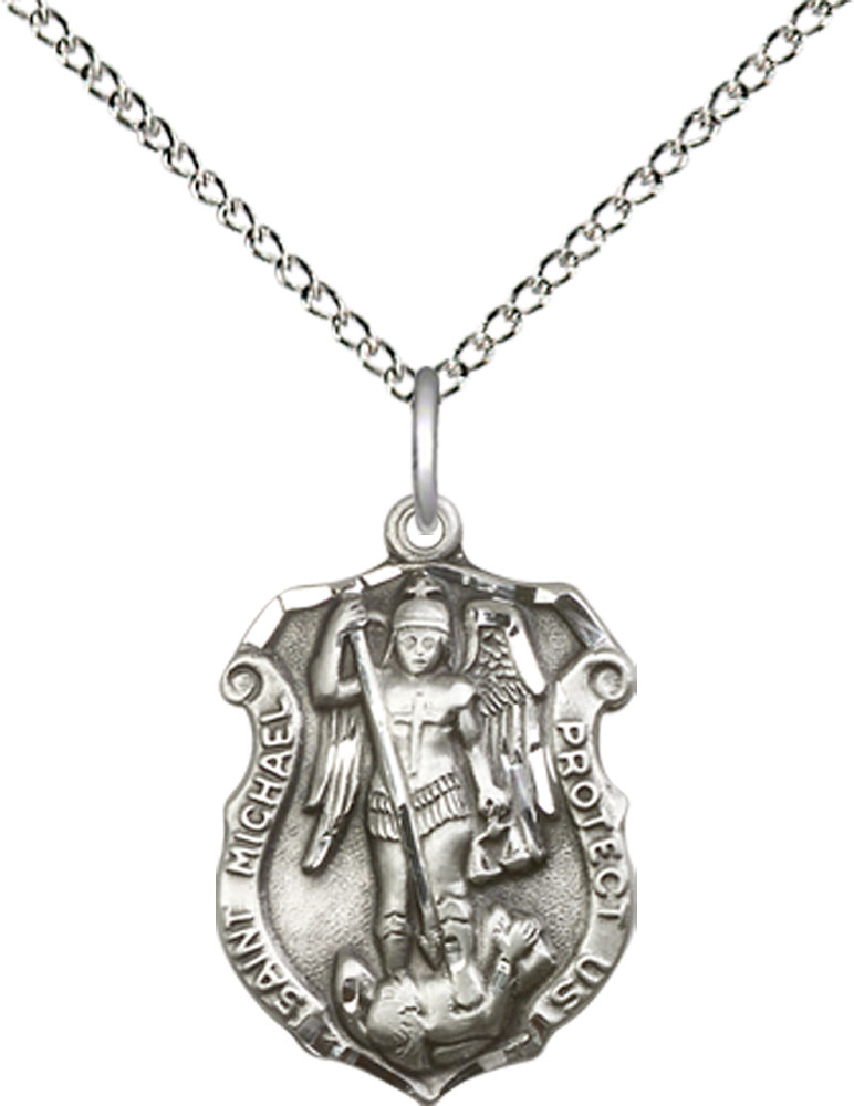 Sterling Silver Saint Michael the Archangel Shield Pendant on a 18 inch Sterling Silver Light Curb chain