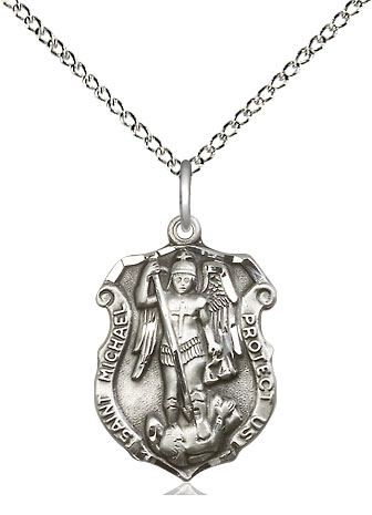 Sterling Silver Saint Michael the Archangel Shield Pendant on a 18 inch Sterling Silver Light Curb chain