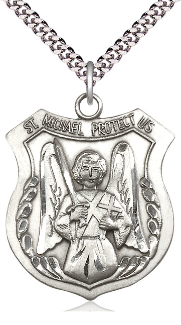 Sterling Silver Saint Michael the Archangel Pendant on a 24 inch Light Rhodium Heavy Curb chain