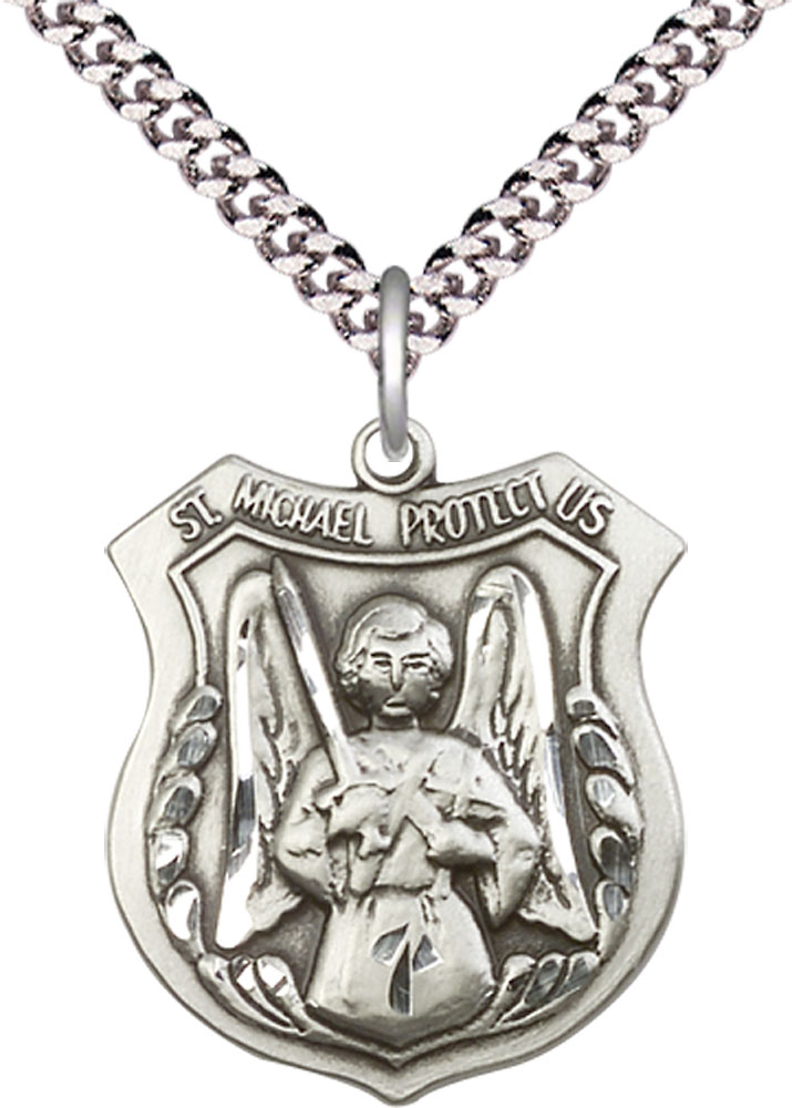 Sterling Silver Saint Michael the Archangel Pendant on a 24 inch Light Rhodium Heavy Curb chain