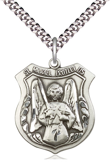 Sterling Silver Saint Michael the Archangel Pendant on a 24 inch Light Rhodium Heavy Curb chain