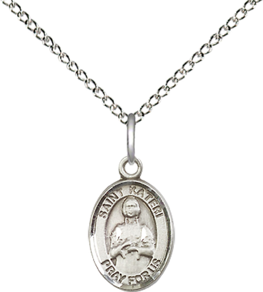 Sterling Silver Saint Kateri Pendant on a 18 inch Sterling Silver Light Curb chain